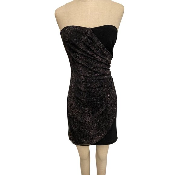 Strapless Ruched Bodycon Dress By Teez Me Juniors Size 7 Spandex  Black Gold - Picture 1 of 8
